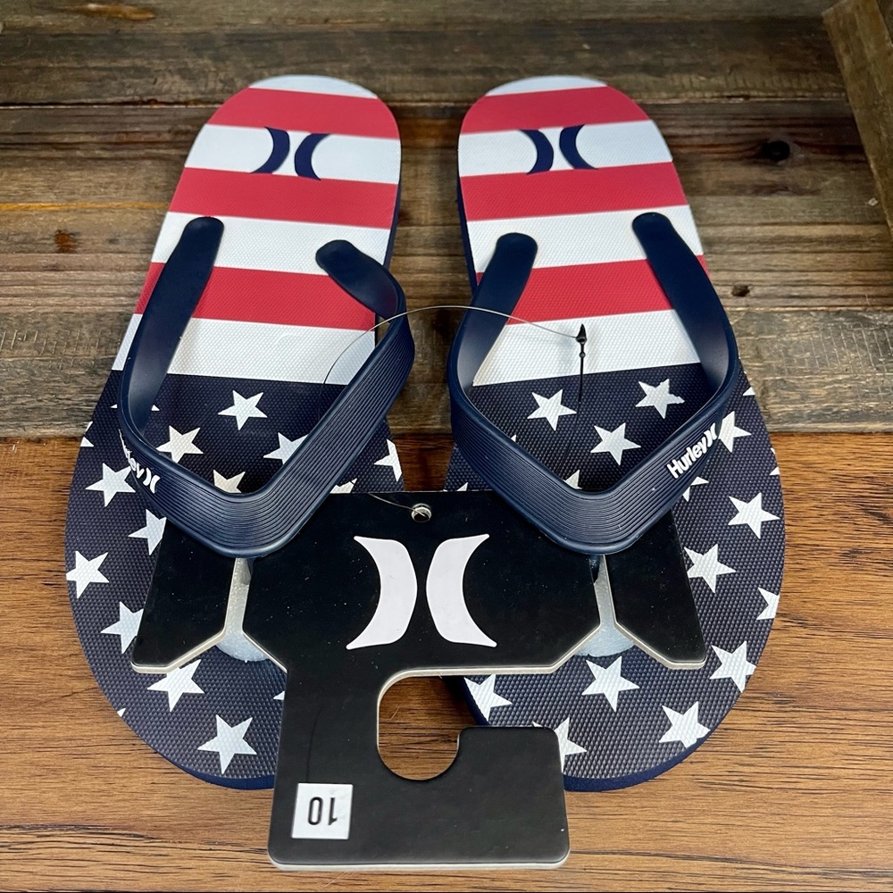 🆕 HURLEY Flip Flop Sandals Thong Men's Size 10 Patriotic Flag Red White Blue